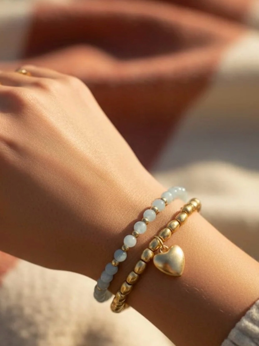 Parcae Stretchy Heart Beaded And Mixed Stone Bracelet Set Delicate Gold Heart